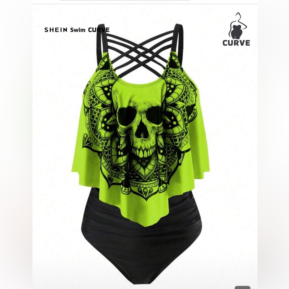 SHEIN Curve Neon Green Skull Two Piece